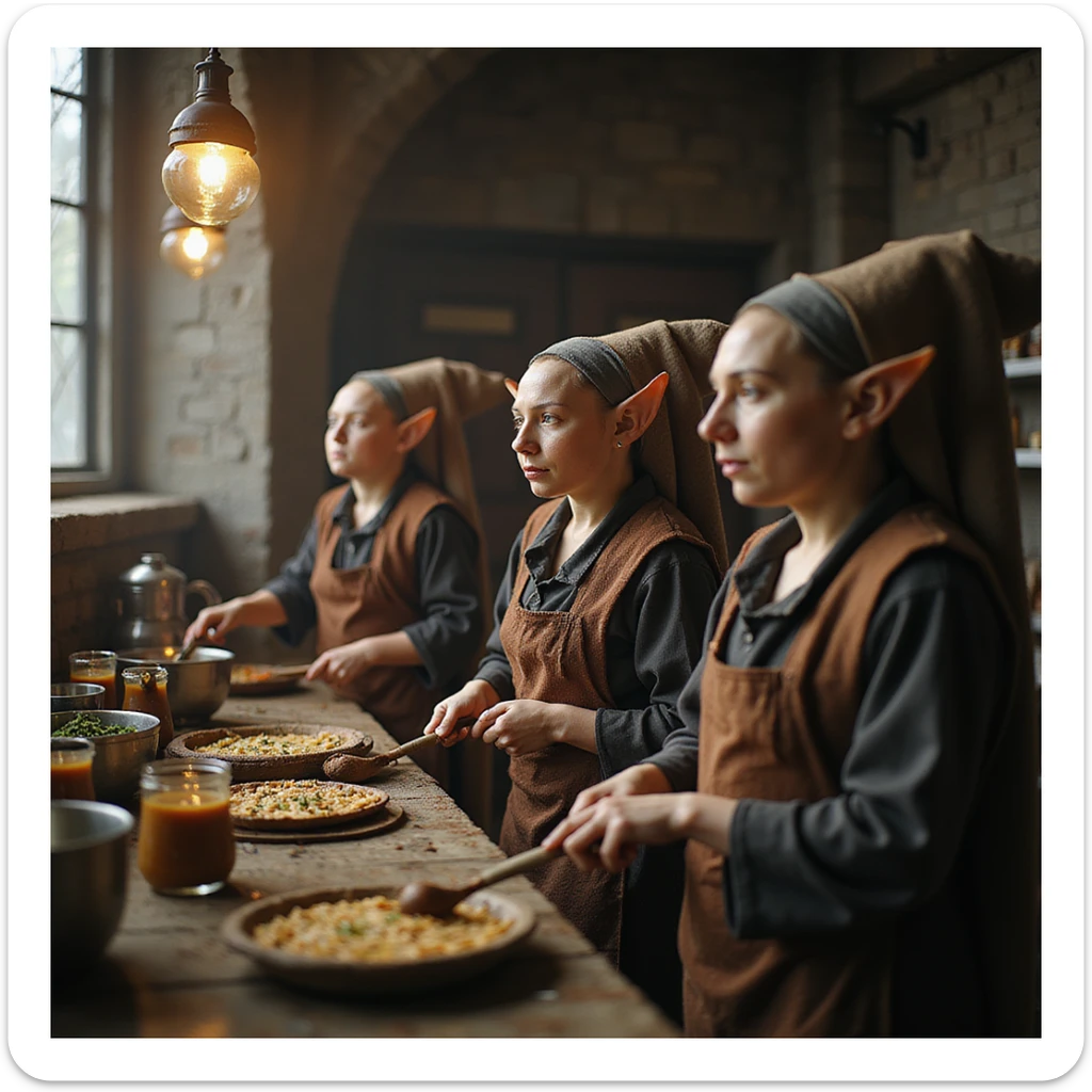 a group of house elves working in the Hogwarts kitchens, Harry Potter series, photorealistic style sticker