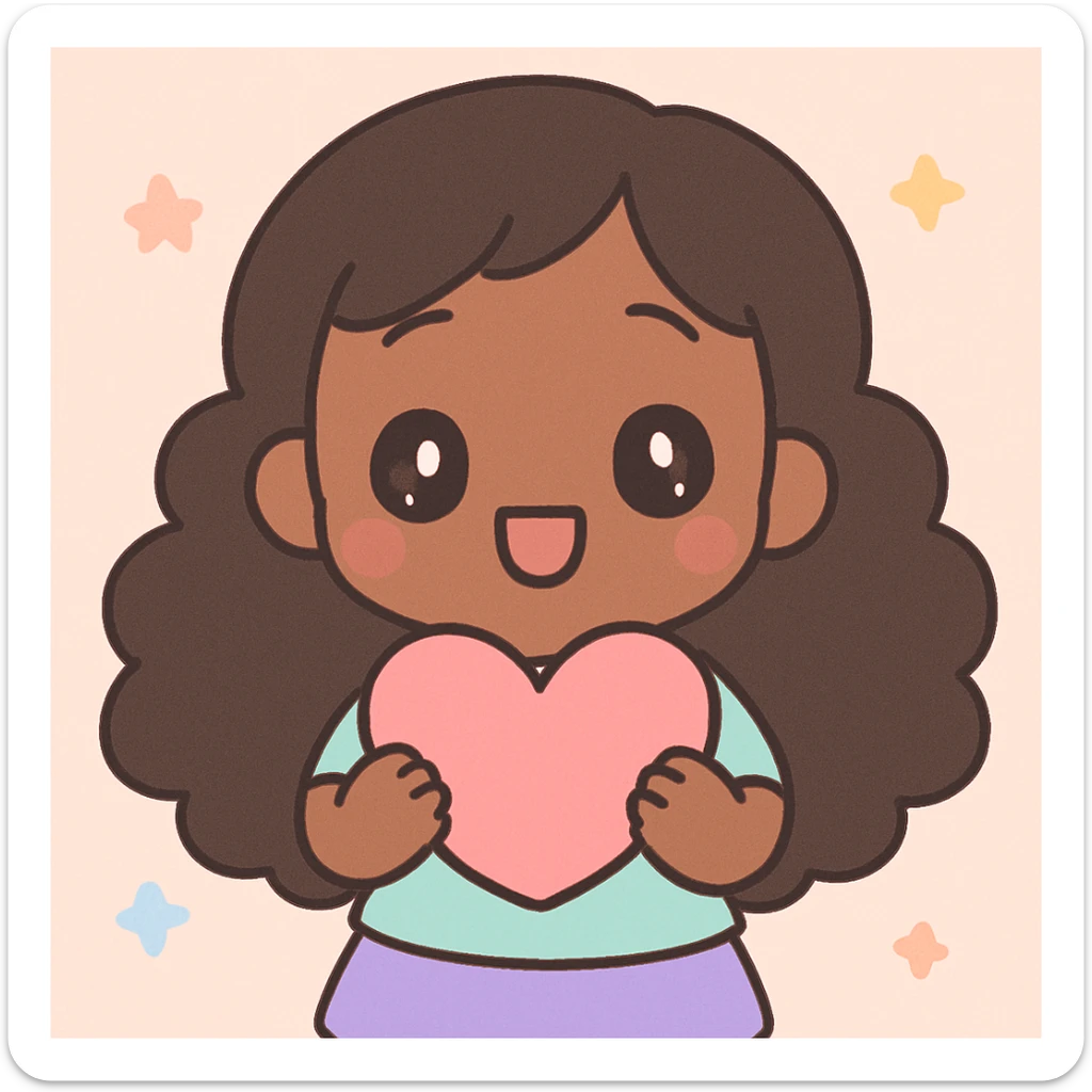 chibi anime black girl with long curly hair, smiling, holding a pink heart, kawaii style sticker