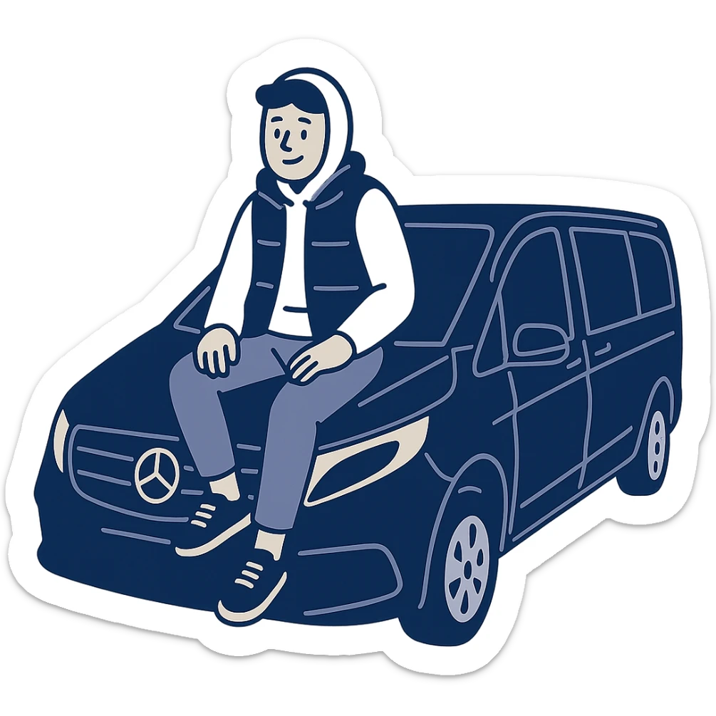 minimal flat icon style of a guy in a white hoodie, black vest, and sneakers, sitting on the hood of a black Mercedes V-Class van sticker