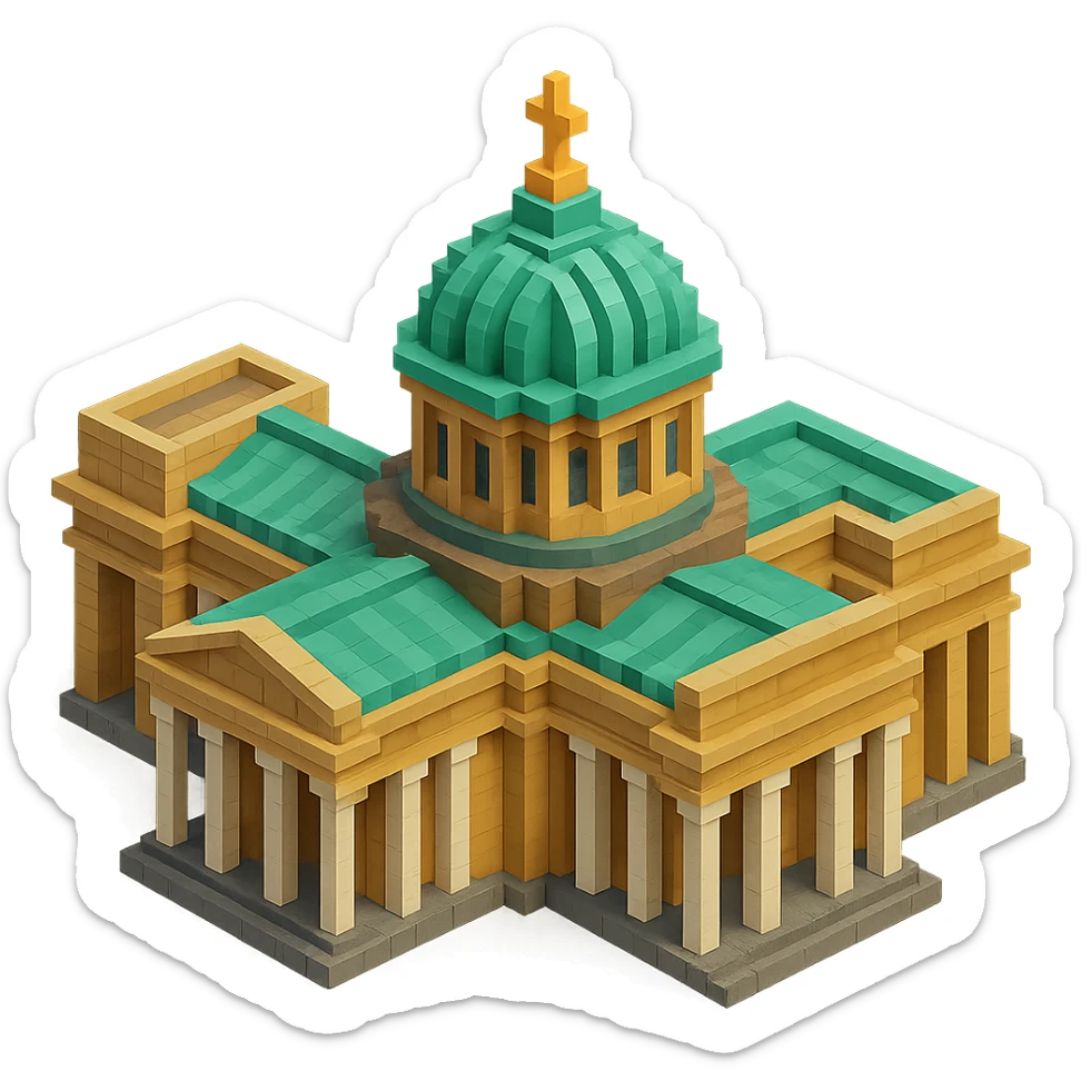 Kazan Cathedral of Saint Petersburg in voxel style, isometric view, realistic colors with light brown stone, green central dome, white columns sticker