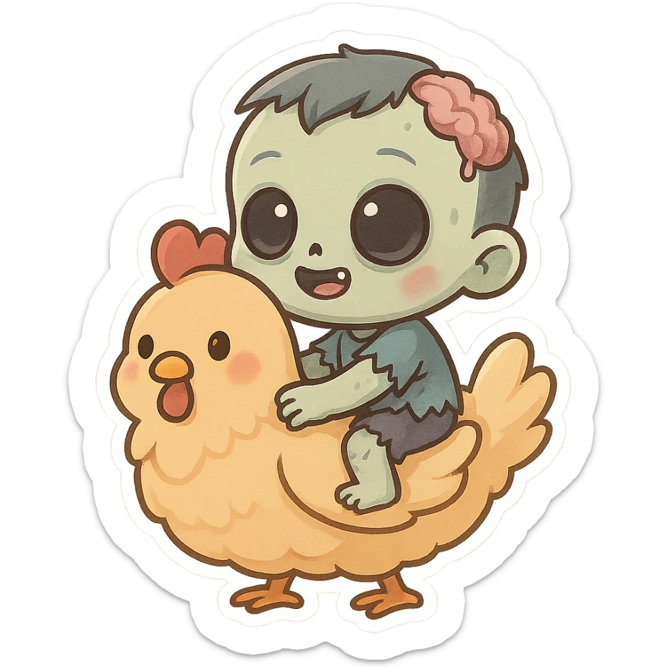 cute chibi duo, big-eyed zombie riding a fluffy chicken, chicken jockey sticker