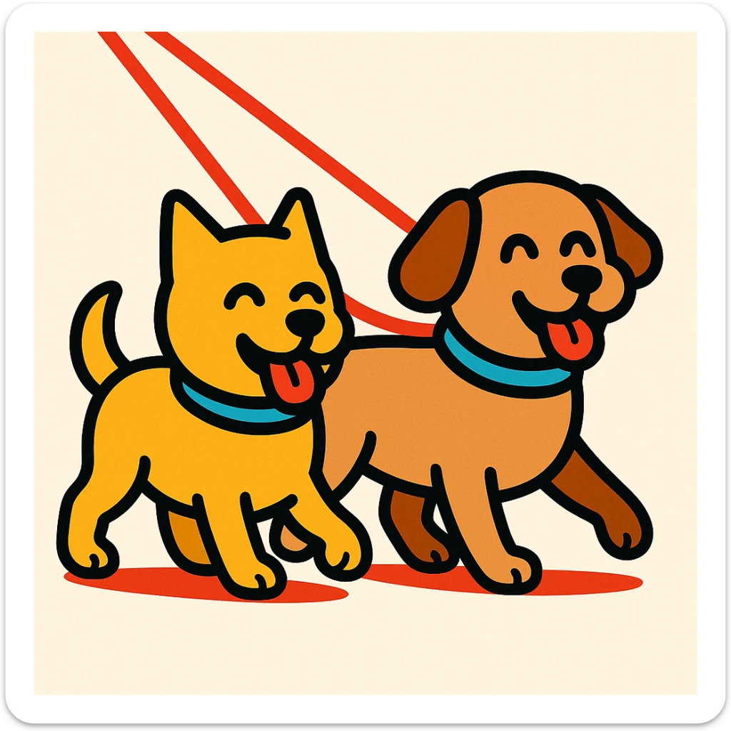 Minimalist version of the emoji showing two happy dogs walking together on a double leash, with simple lines and few details, in a friendly and clear style. sticker