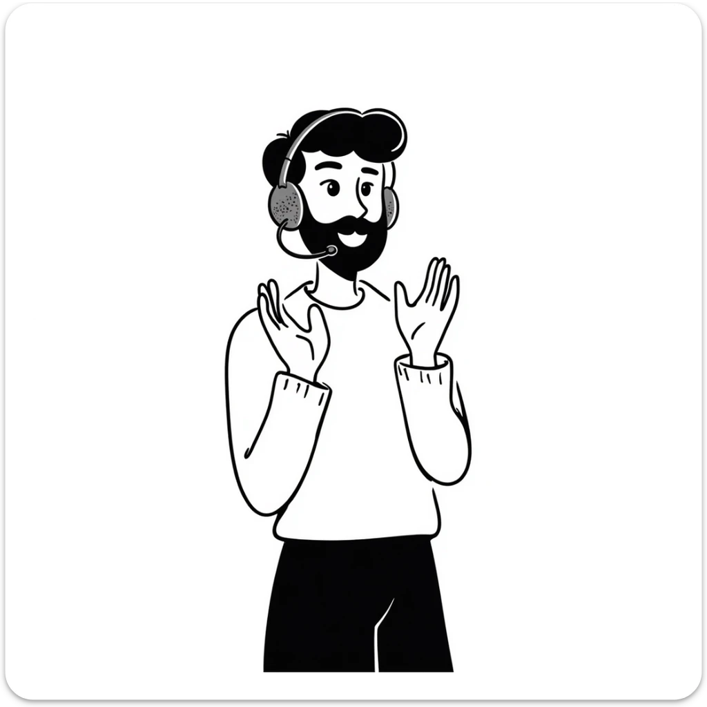 Anime style man with black hair, brown eyes, and black beard wearing gaming headset and clapping in celebration, anime art style sticker