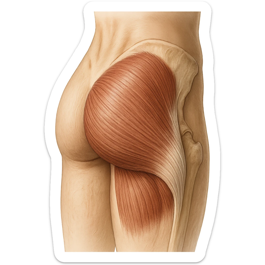 realistic and educational illustration of the gluteus maximus muscle, detailed anatomy, clear view of the main muscle of the posterior hip region, no explicit references to sensitive parts, neutral background sticker