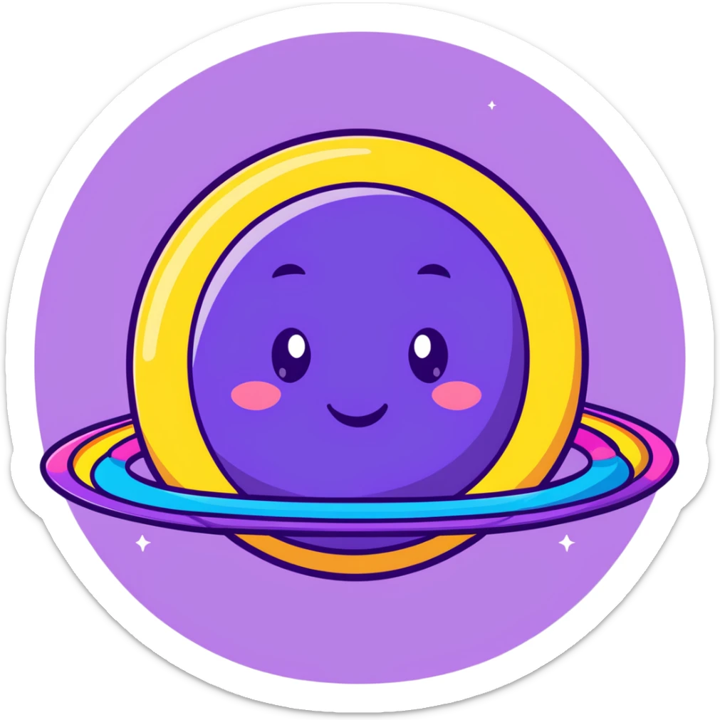 purple planet with colorful rainbow rings and a cute happy face with rosy cheeks sticker