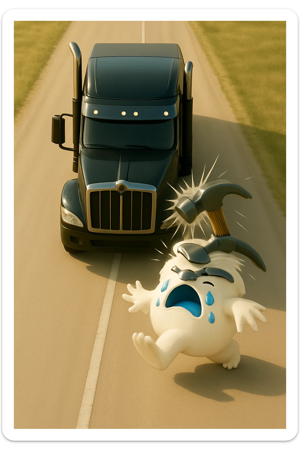 Increase the distance between the truck and the abominable snowman in a light and realistic scene. Show a hammer actively hitting the snowman from a top-down view. No text in the image. sticker