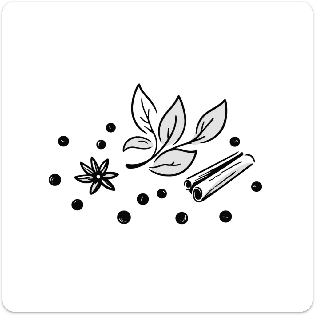 Hand-drawn collection of spices including peppercorns, bay leaves, cinnamon sticks, and star anise sticker
