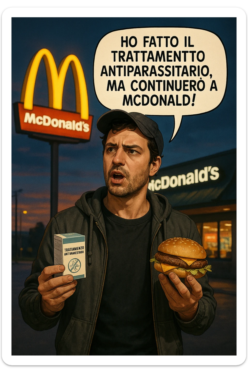 A realistic, cinematic illustration of a man in his early 30s with a confused yet stubborn expression, standing outside a McDonald's at dusk, holding a small box labeled 'Trattamento Antiparassitario' in one hand while holding a large McDonald's burger in the other. He is mid-sentence, saying 'Ho fatto il trattamento antiparassitario, ma continuerò a mangiare al McDonald!' in an expressive speech bubble. The man wears casual streetwear, and behind him, the McDonald's golden arches glow under a neon-lit sky. The mood is ironic and educational, highlighting the contradiction of doing parasite cleanses while continuing unhealthy fast-food habits. The style is realistic with slight illustrative clarity, emphasizing the message humorously while maintaining a serious undertone about lifestyle choices and health in italiano sticker