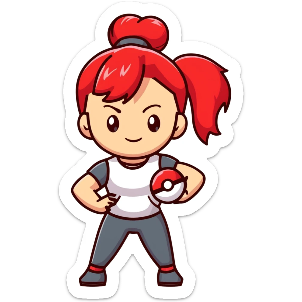 female pokemon trainer with red hair in a ponytail, holding a pokeball, confident pose sticker
