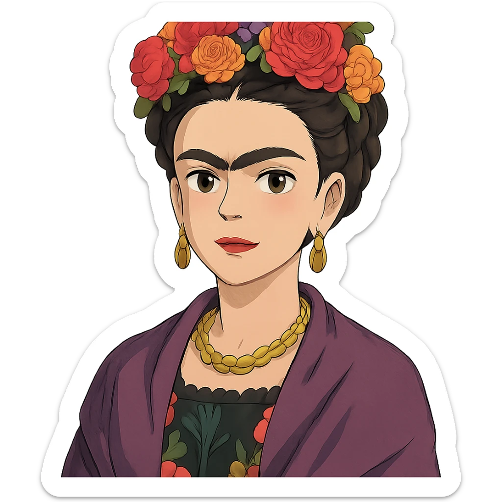Ghibli style portrait of Frida Kahlo with vibrant colors and floral headpiece sticker