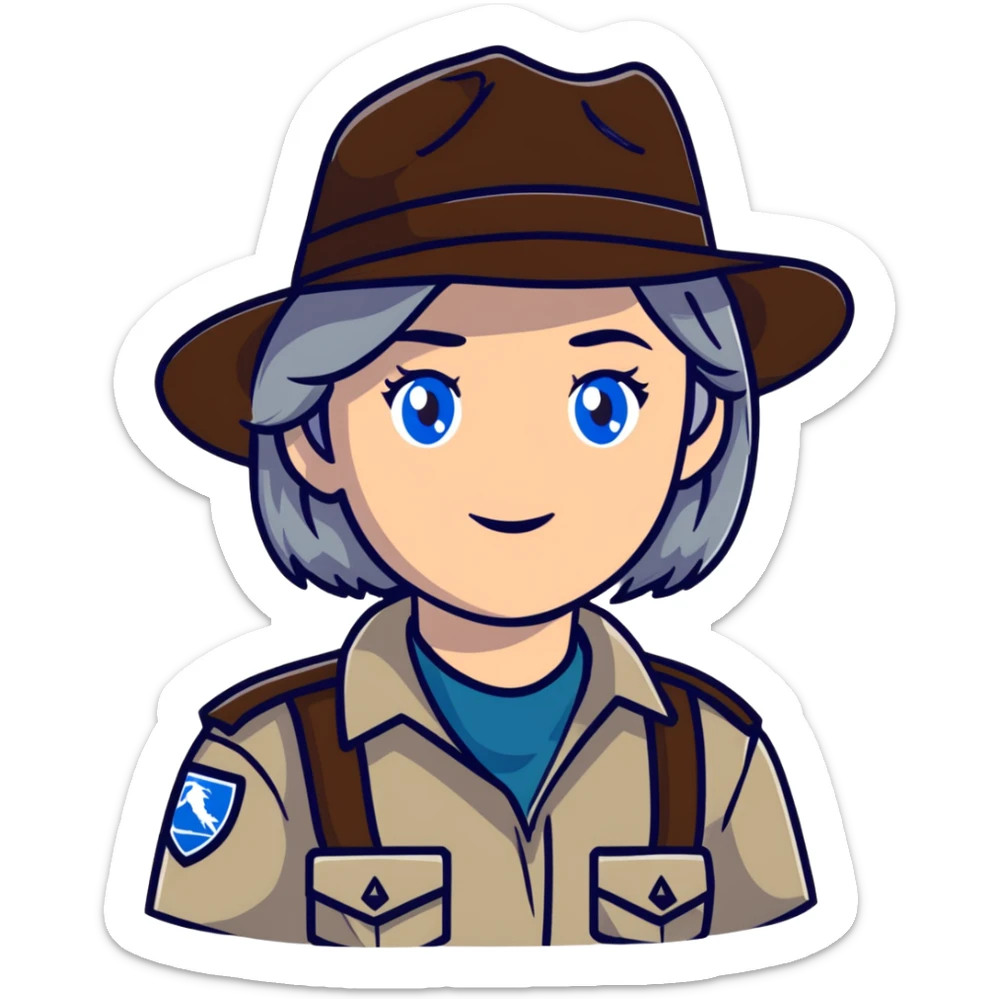 white woman park ranger with blue eyes and brown and gray hair sticker