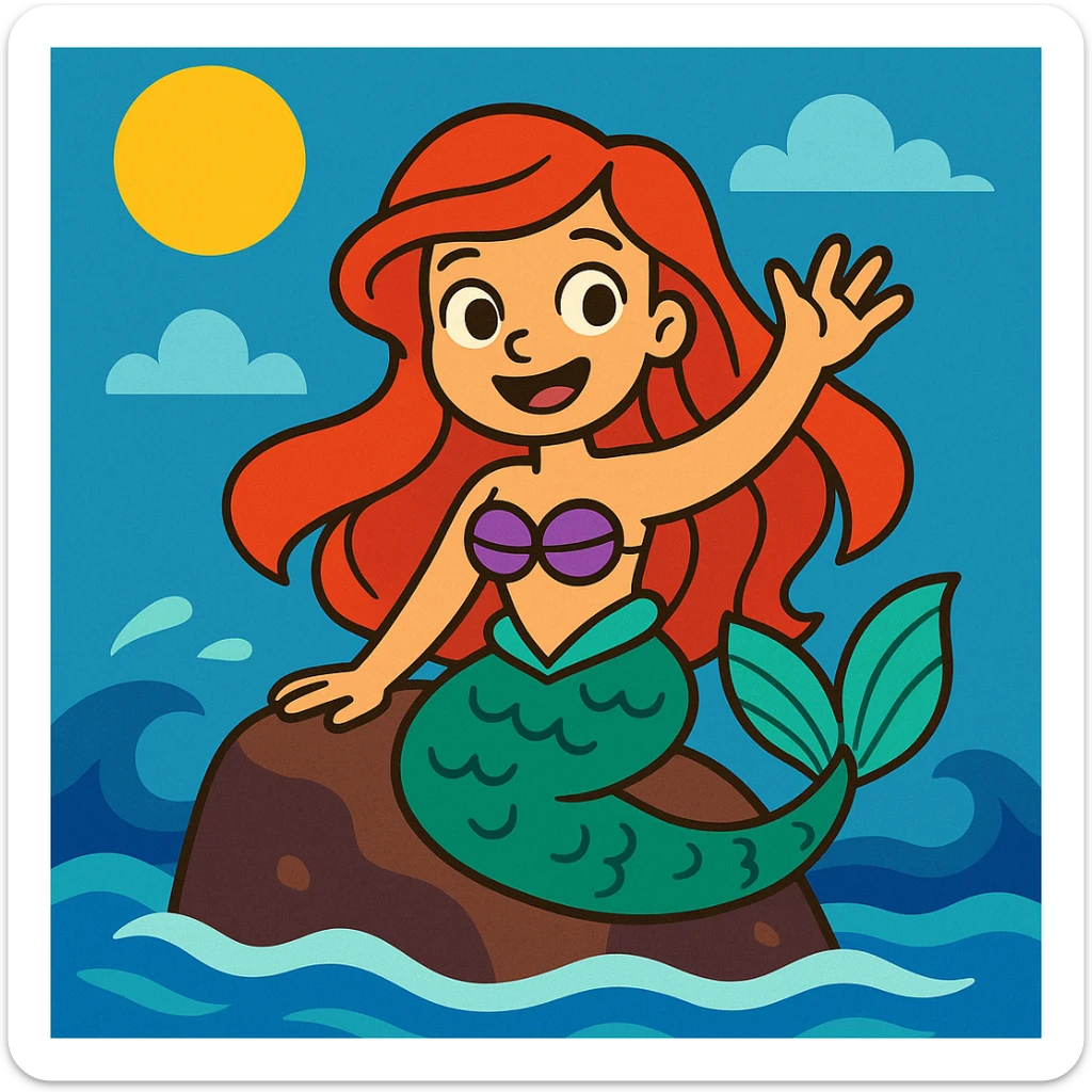 The little mermaid on a rock, waving and smiling at the viewer, in a whimsical cartoon style. sticker
