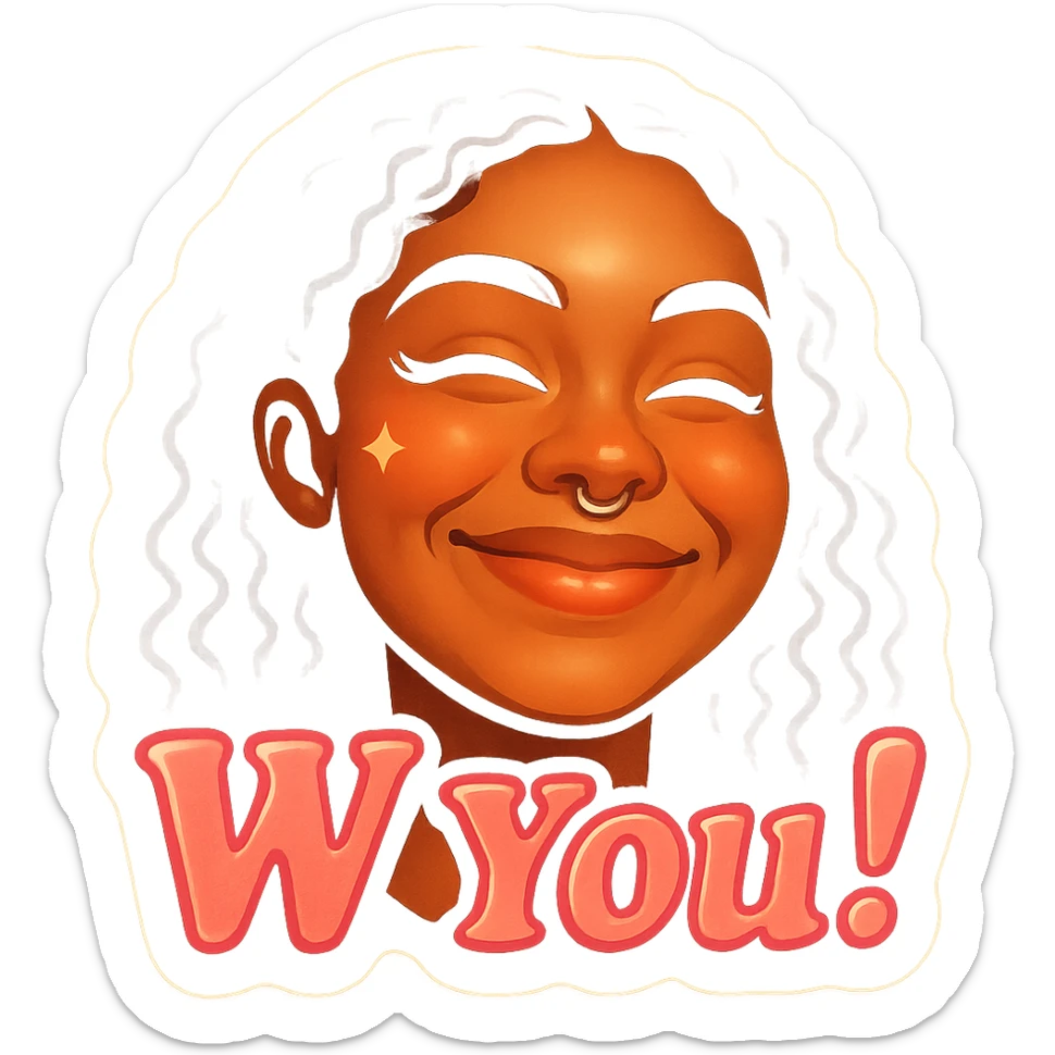 excited smile with mouth closed 
add the words W You! in pink sticker