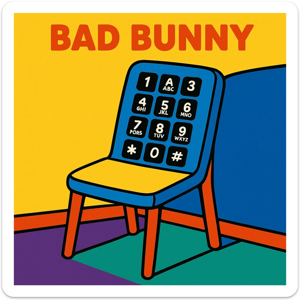 album cover featuring a stylized chair with DTMF touch-tone phone buttons, inspired by Bad Bunny, vibrant toon style sticker