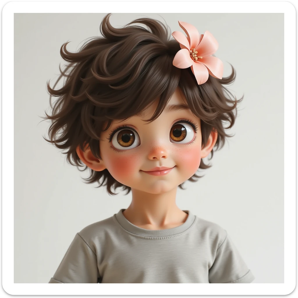a boy with fluffy, wavy short hair and brown eyes, wearing a light grey t-shirt and a light pink flower on his head, realistic style sticker