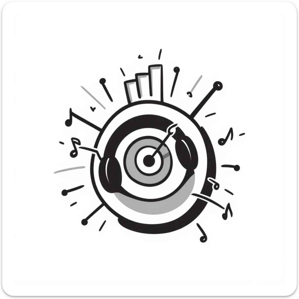 square emoji symbol of a symmetrical target with musical marketing details including headphones, musical notes, bar chart, doodle style, for online course cover sticker