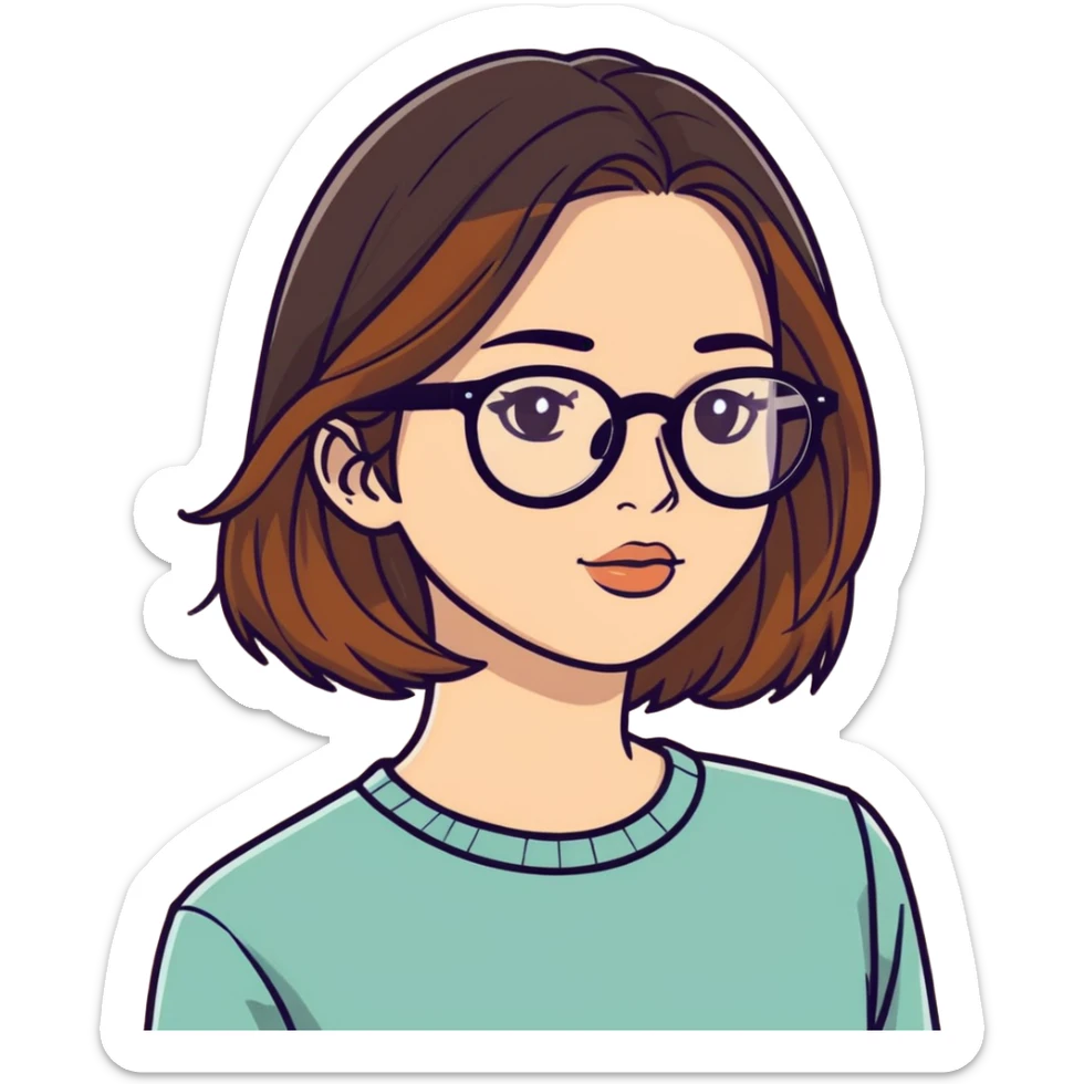 Brunette girl, with brown hair and caramel balayage, and black glasses sticker