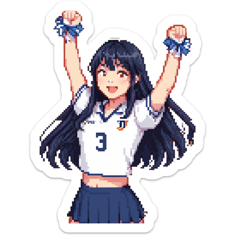 East Asian woman with long black straight hair and bangs wearing navy and white Doosan Bears team colors, cheering sticker