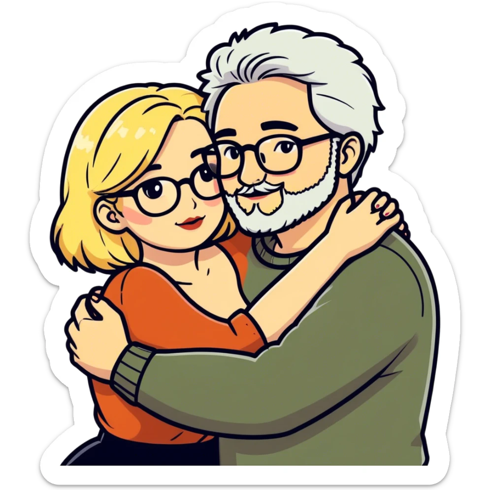 Hyper realistic couple in love, man had a salt and pepper hair and a short stubbly beard. The lady is blonde and curvy and wears glasses and makeup sticker