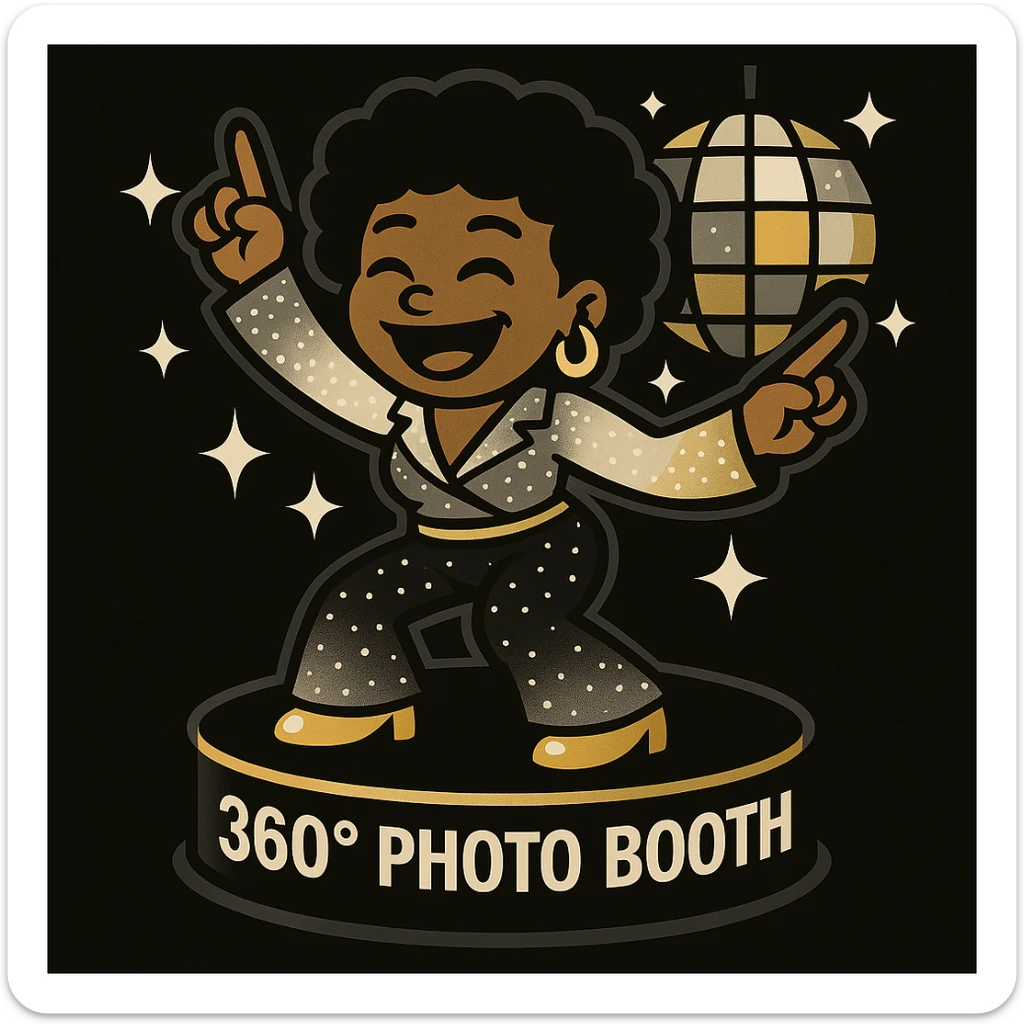 Update the disco emoji scene of a female African American dancing on a 360 photo booth. Use a color palette of black, silver, gold, and white for the outfit, booth, and disco elements. Keep the vibrant toon art style. sticker