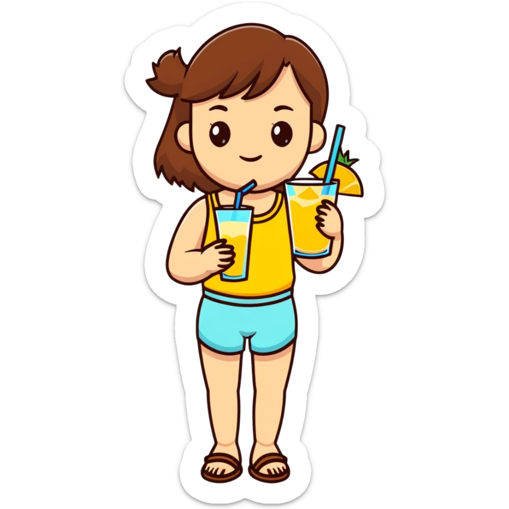 Very tan skinned girl with brown hair wearing a summer outfit sipping a piña colada sticker
