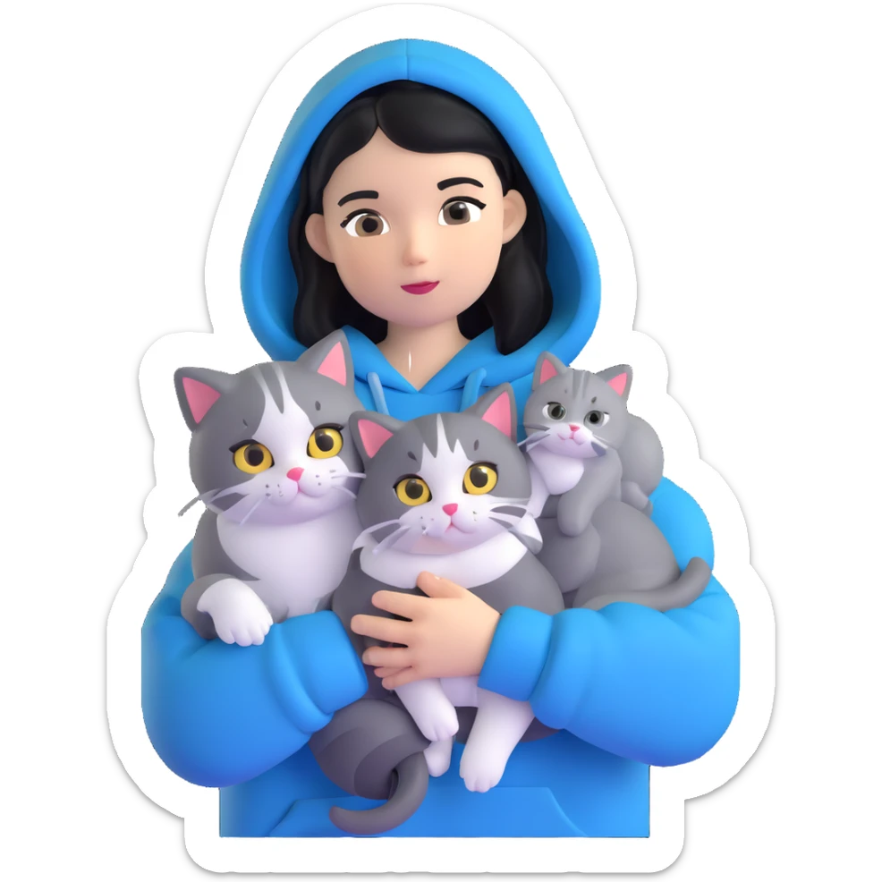 Girl with black hair wearing gray hoodie with a British shorthair blue and white cat and a long-haired blue and white cat sticker