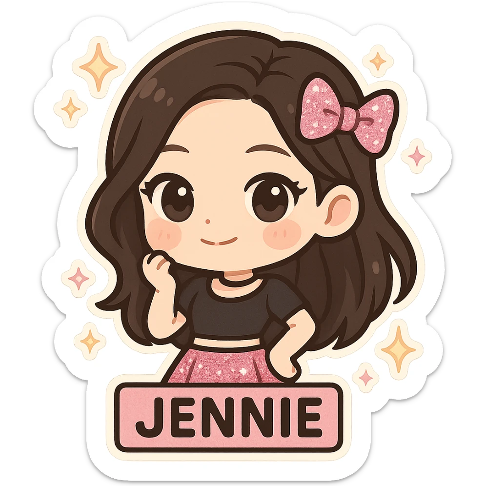 chibi sticker of Jennie from BLACKPINK, black and pink colors, cute and collectible style, with glitter and sparkles sticker