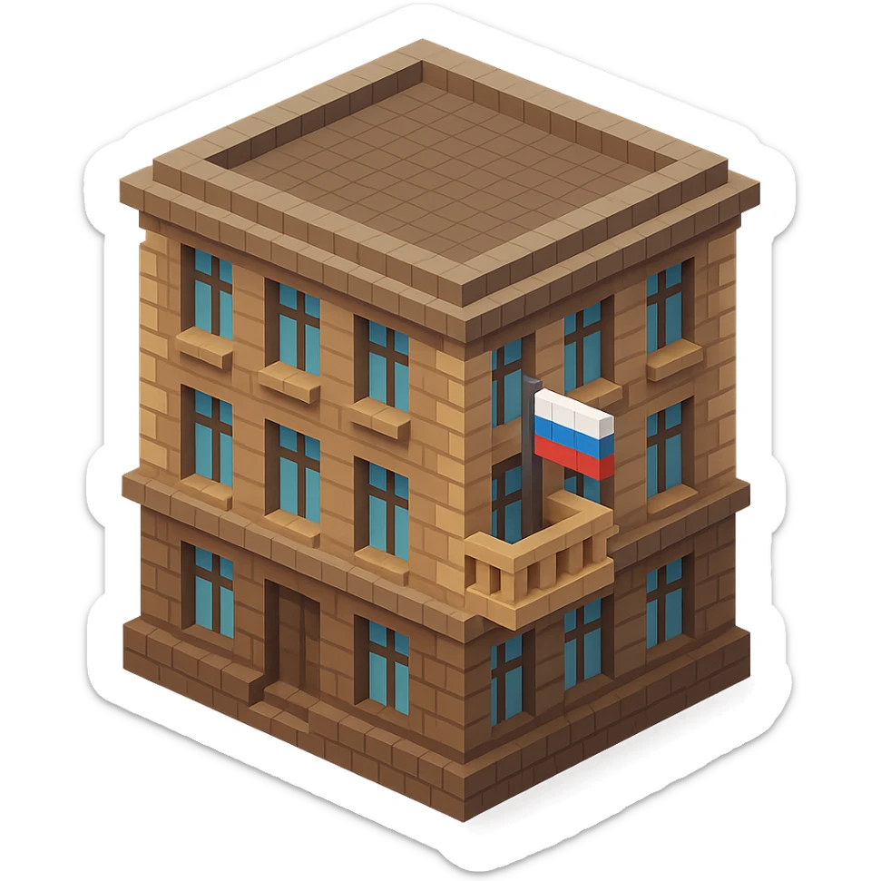 old Saint Petersburg building in voxel style, gray-brown tones, Russian flag on a small flagpole attached to a balcony, isometric view sticker