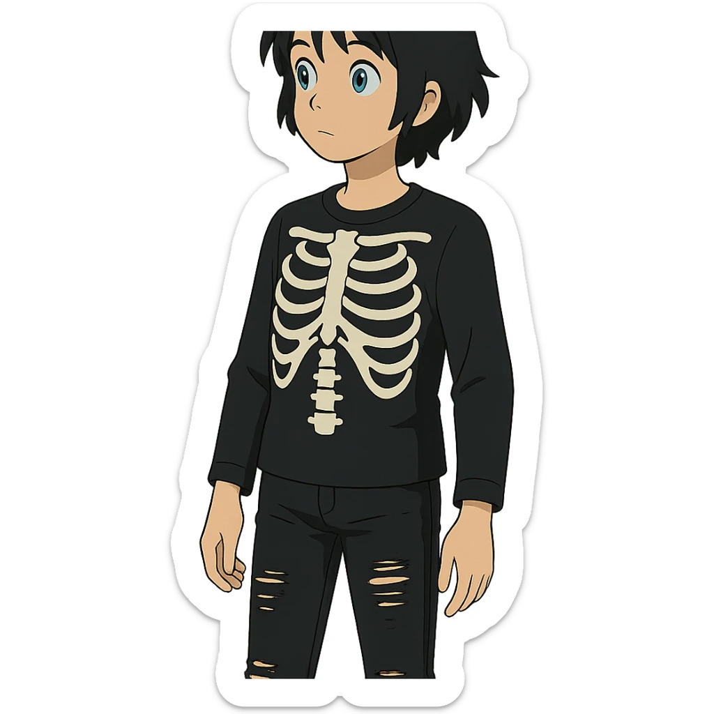 ghibli style black-haired, blue-eyed person wearing a black skeleton top and ripped black jeans sticker