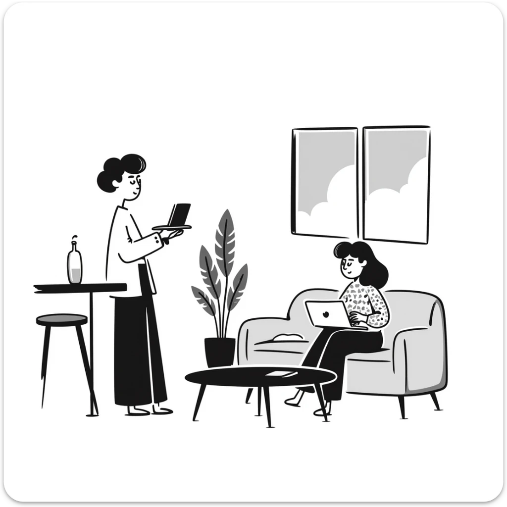 escenary 3d of a cozy mid-century living room with two people working on laptops, one man standing at a desk, and one woman sitting on a couch sticker