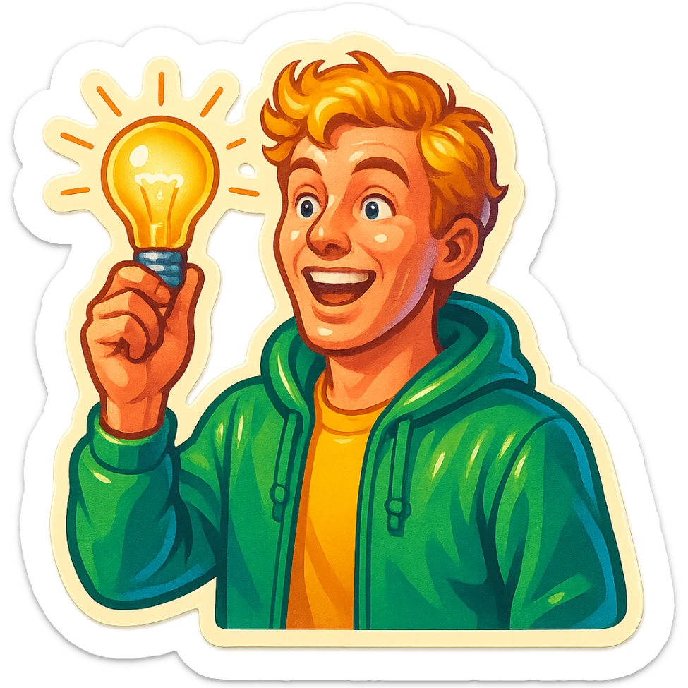 bright and expressive male visionary, fair skin, tousled golden hair, wide joyful eyes, wearing a green hoodie over a yellow tee, one hand raised with a glowing lightbulb, waist-up, front-facing sticker