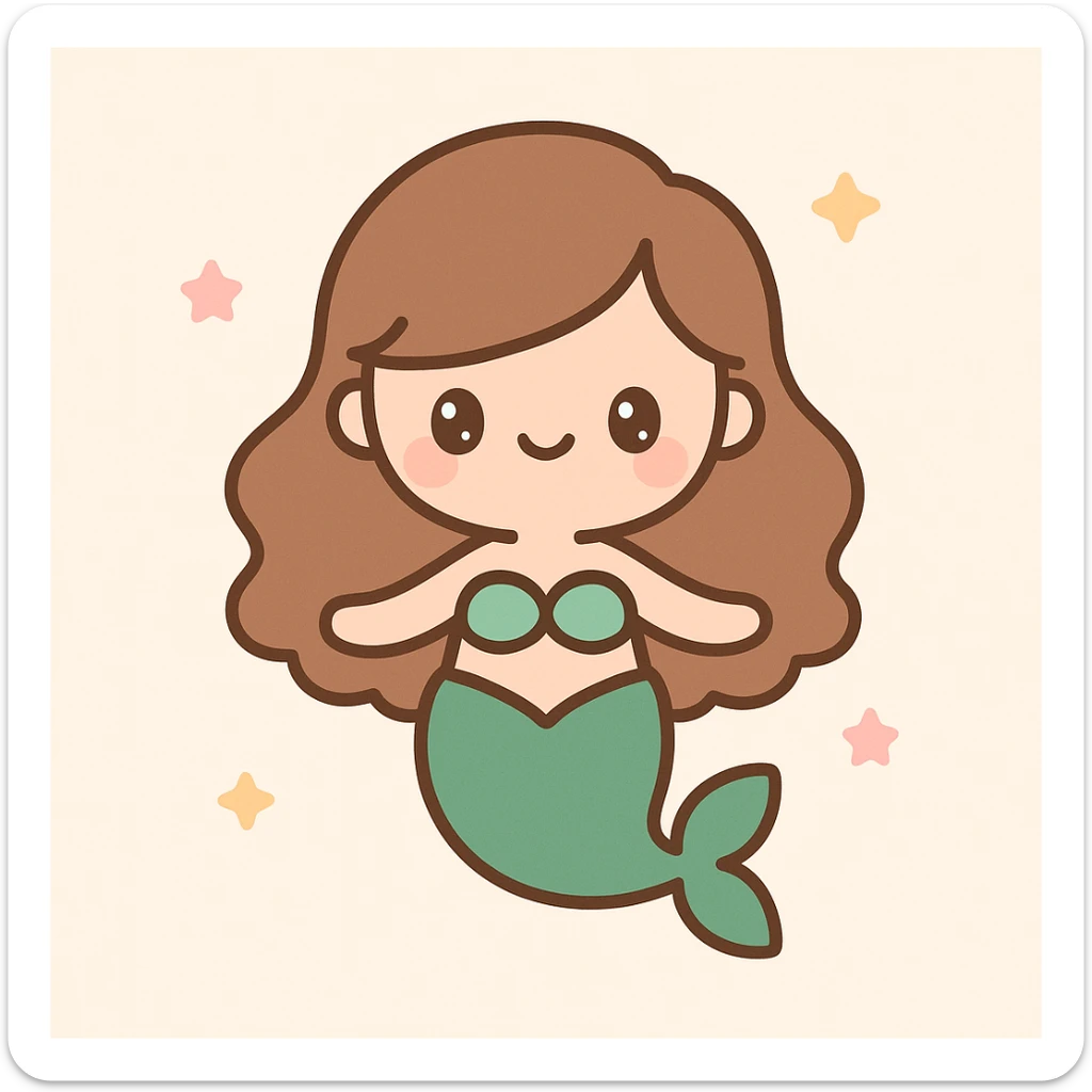 a mermaid with a forest green tail and chestnut brown hair, cute and whimsical style, charming, playful sticker