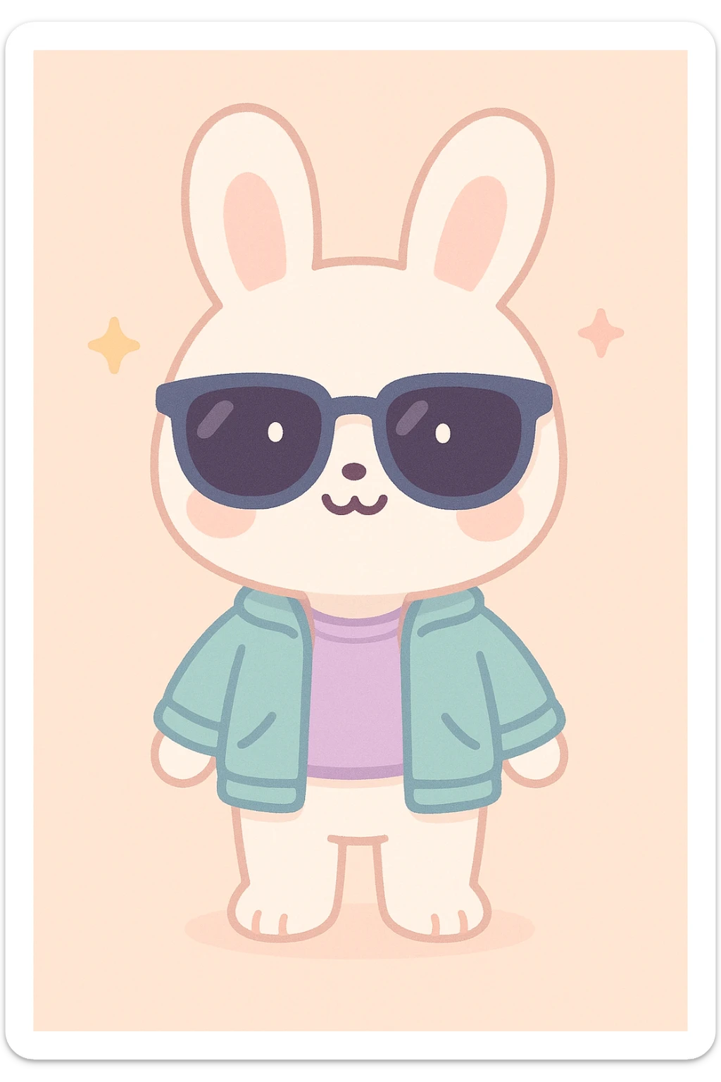conejo blanco kawaii de pie, lentes oscuros, chaqueta y camiseta cool, sin zapatos, con pose de bienvenida sticker