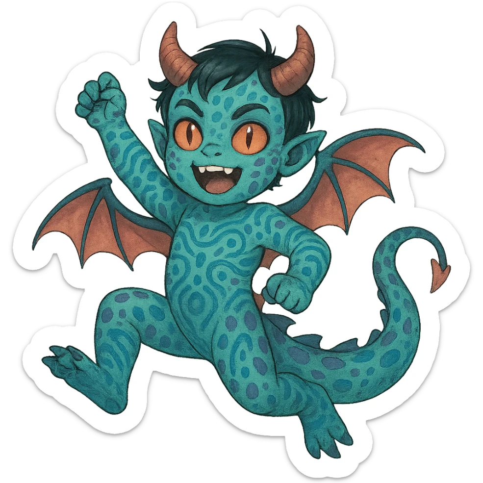 cute energetic young child with a dragon's body and tail, demon horns and eyes, and alien skin patterns sticker