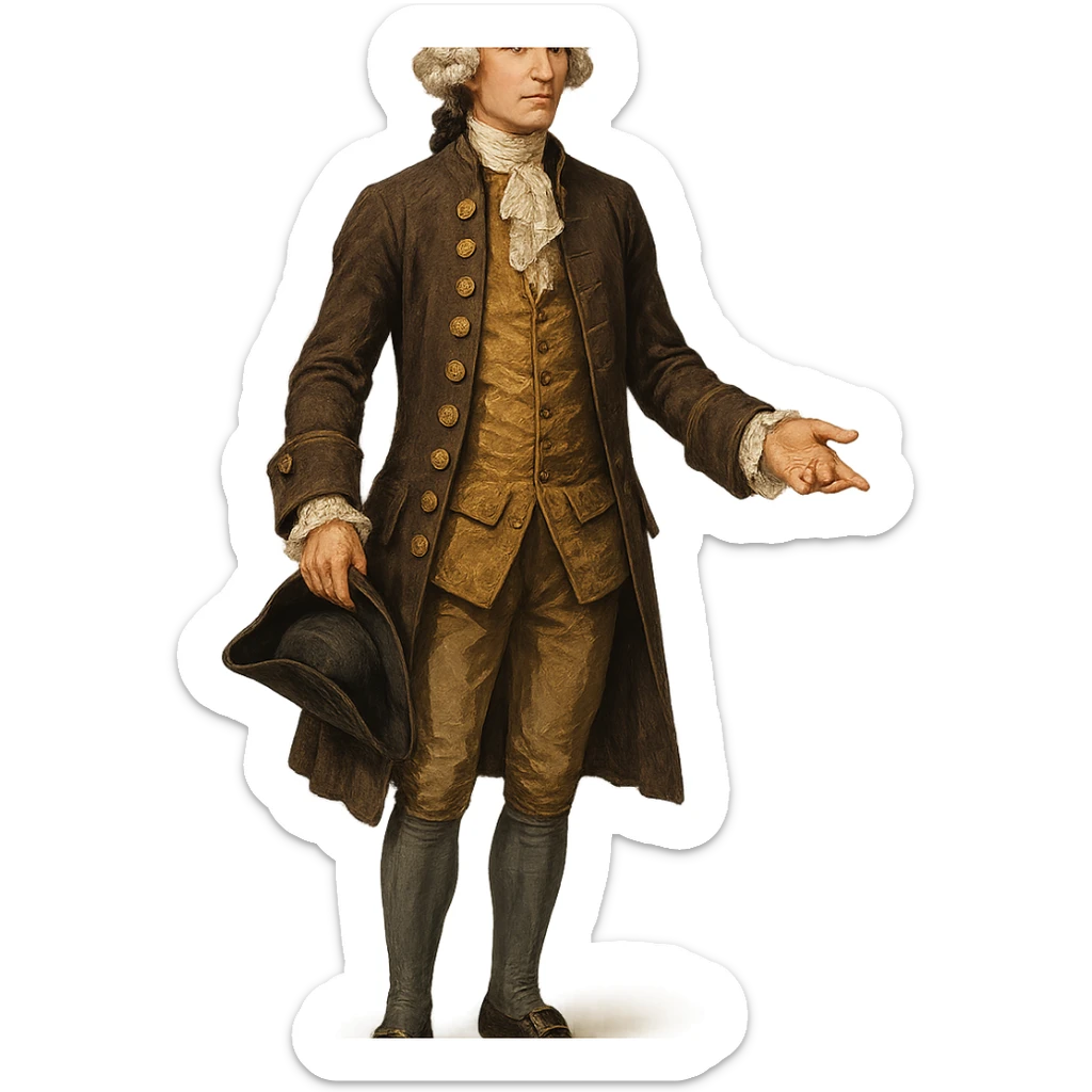 18th century gentleman standing, elegant period clothing, powdered wig, refined posture, full body, no background, visually engaging style sticker