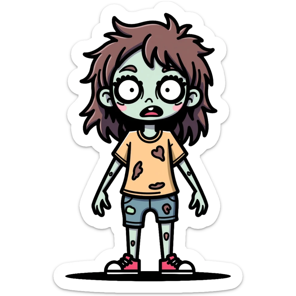 zombie girl with messy hair, pale skin, and torn clothes sticker