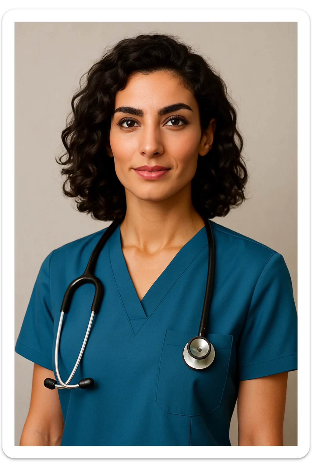 Arab doctor, 46 kg, 173 cm, medium black-brown wavy hair, black eyes with long lashes and thick eyebrows, beautiful mouth, defined facial bone structure, prominent cheekbones, chin with a dimple (غمازة ذقن), wearing scrubs, elegant and professional sticker
