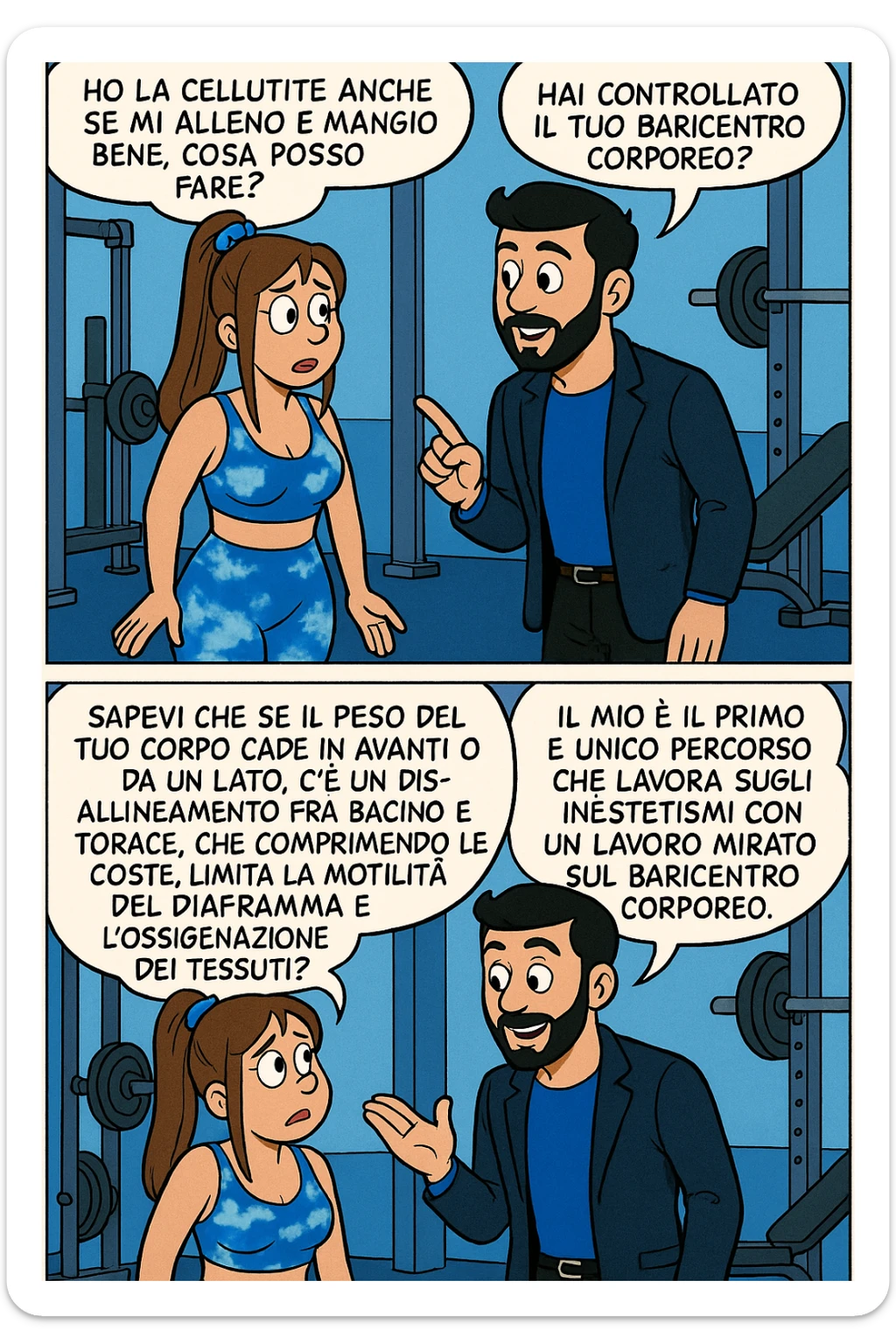 TRASFORMA QUESTO CAROSELLO IN UN FUMETTO STILE FUMETTO TOPOLINO CON QUESTE DUE PERSONE IDENTICHE CHE INTERLOQUISCONO TRA LORO:

LEI: Ho la cellulite anche se mi alleno e mangio bene, cosa posso fare?

LUI: Hai controllato il tuo baricentro corporeo?
LUI: Sapevi che se il peso del tuo corpo cade in avanti o da un lato, c’è un disallineamento fra bacino e torace, che comprimendo le coste, limita la motilità del diaframma e l’ossigenazione dei tessuti?
LUI: Il mio è il primo e unico percorso che lavora sugli inestetismi con un lavoro mirato sul baricentro corporeo. sticker