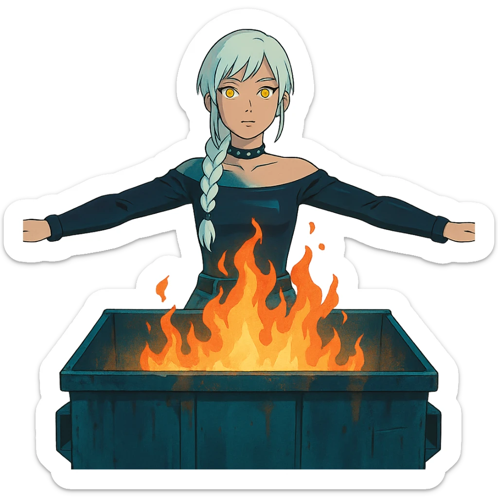  young woman with gold yellow eyes, white hair, long braid, black off-shoulder top, punk gothic style, futuristic cyberwave cyberpunk,, she is calmly t-posing , there is a dumpster fire in front of her sticker