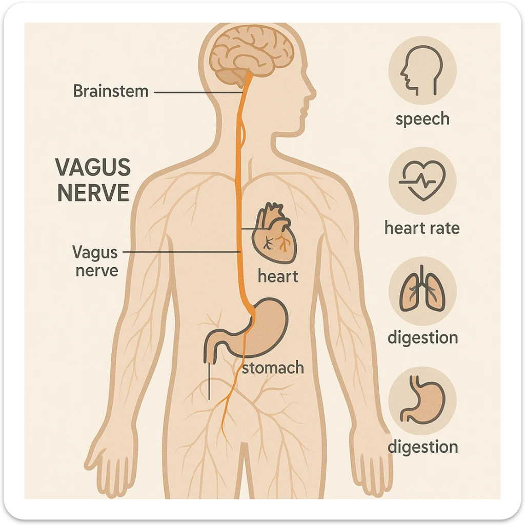 vagus nerve highlighted on human body, medical infographic style, neutral colors, clearly marked vagus nerve path, explanatory icons, brief text, light background sticker