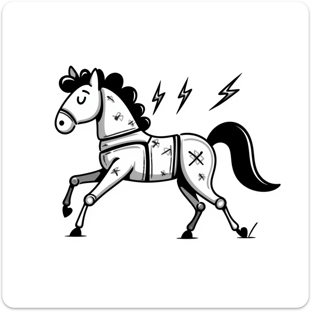 Sketchy electric horse made of metal plates and electrical wires, with lightning bolts shooting off as it gallops at high speed sticker