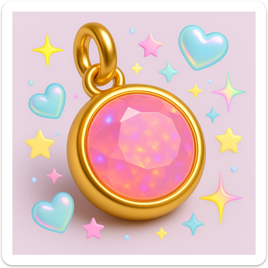 add more Y2K accents: pastel stars, iridescent hearts, and neon sparkles around the elegant round cut pink sapphire holographic charm with gold setting and gold jump ring, extreme close-up, 3D emoji style sticker