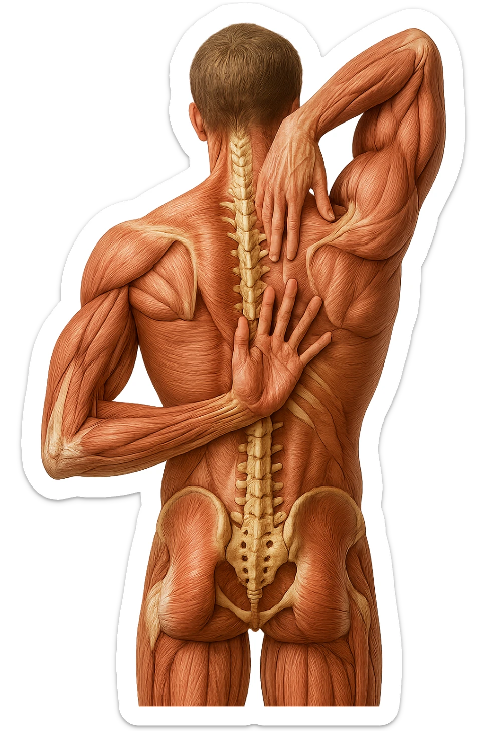 fai un immagine identica che riguarda un esercizio ma mettigli spina dorsale e muscoli in evidenza (anatomica). falla iperrealistica anatomica in 4k con spina dorsale storta in evidenza sticker