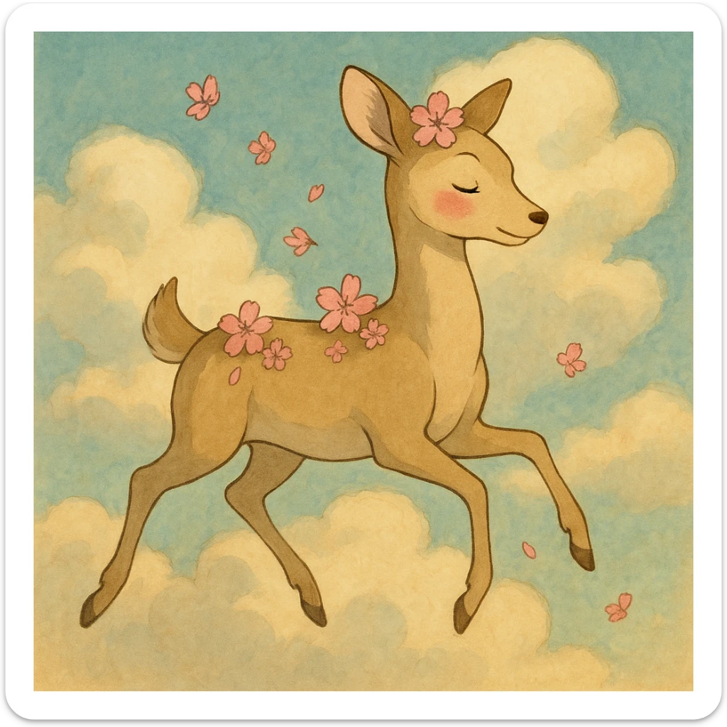 feminine adult vanilla cloud doe with rosy cheeks and cherry flowers, floating gracefully, Ghibli style sticker