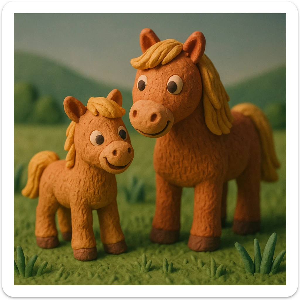 foal and mare together, cute and cheerful, detailed fur, in a grassy meadow, claymation style sticker