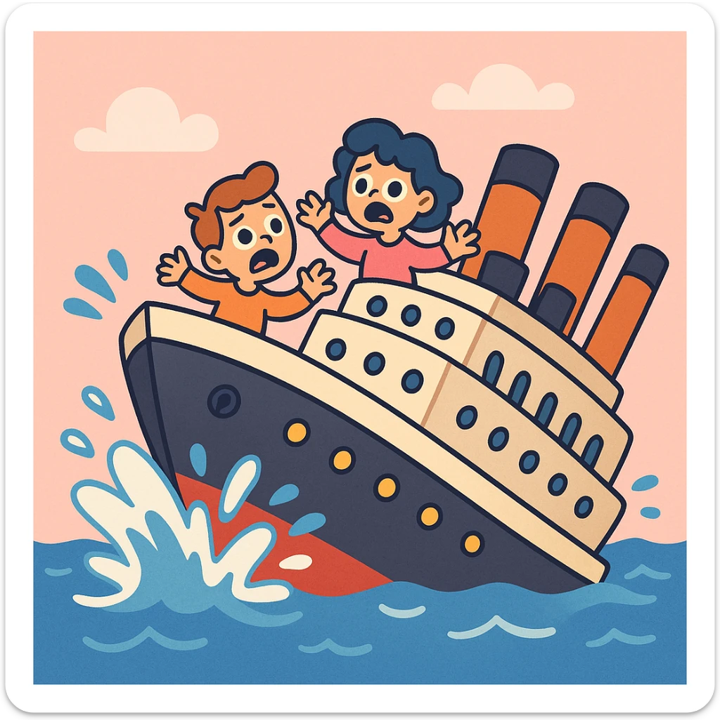cartoon Titanic sinking with water splashes, cute style, rounded shapes sticker