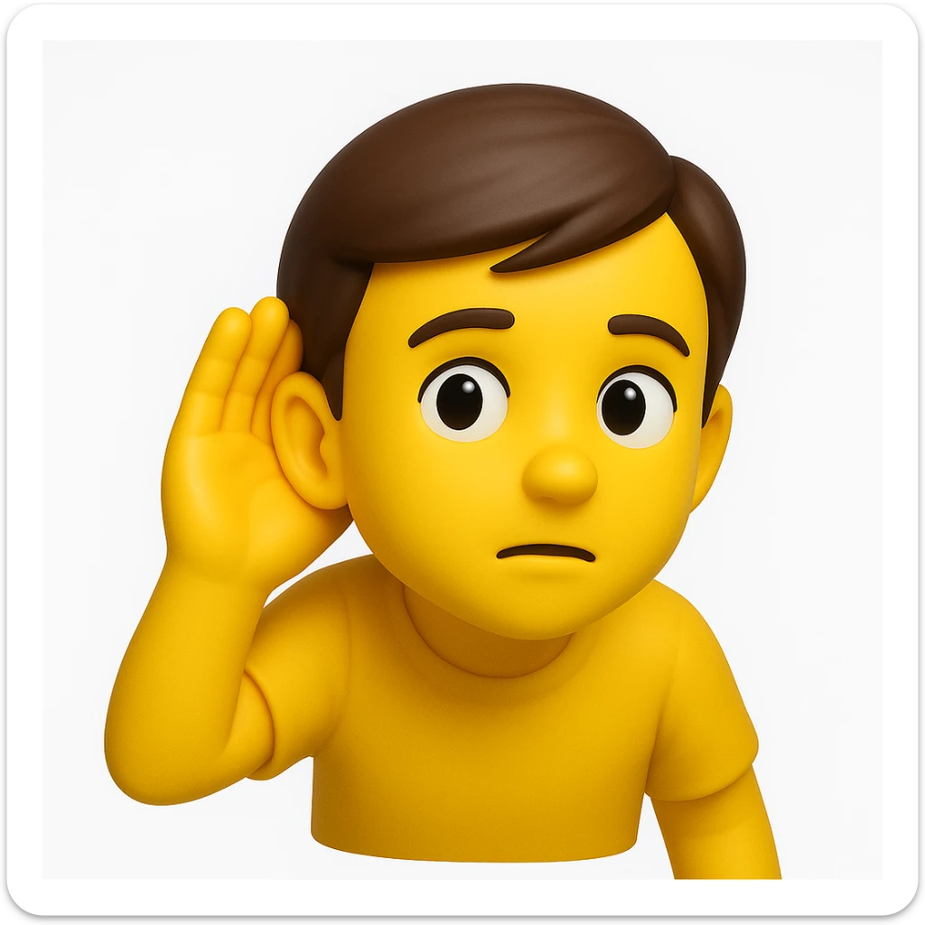 A 3D emoji in iOS emoji aesthetic style of a person holding one hand to their ear, leaning slightly forward as if trying to listen carefully, with a curious and attentive expression, glossy Apple-style design, clean white background.

 sticker