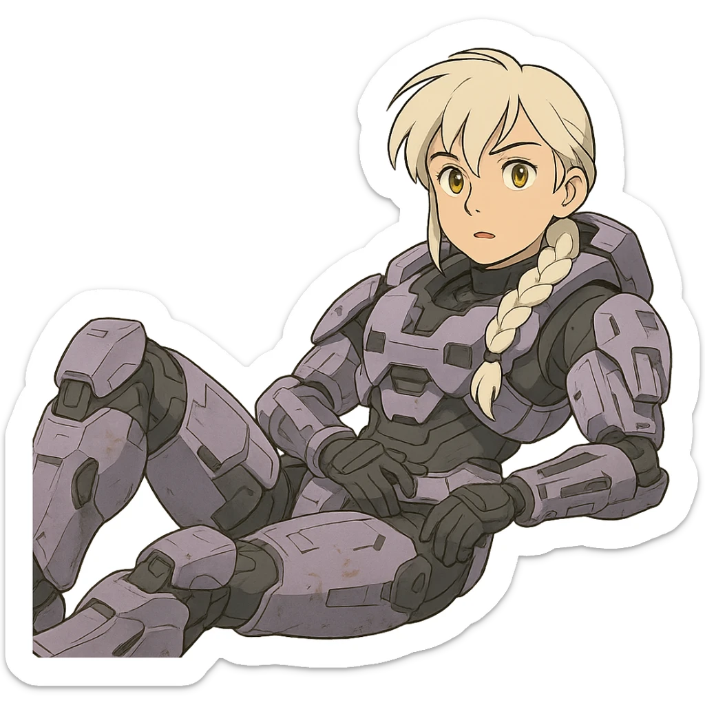 female, wearing reach spartan armor shoulder-unequip, long white braid hair with massive messy front side single bangs, gold yellow eyes, attention pose, HALO:series, no helmet, the armor is lavender color scheme, laying back and relaxing sticker