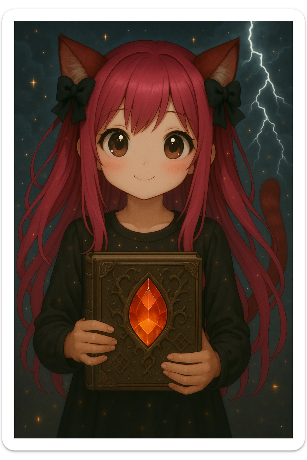 Change the character's facial expression to cute with big sparkling eyes, a small smile, and a gentle blush. Keep the emo style, pink hair, dark magical accessory, sparkles, and stormy background. Render in a realistic anime style. sticker