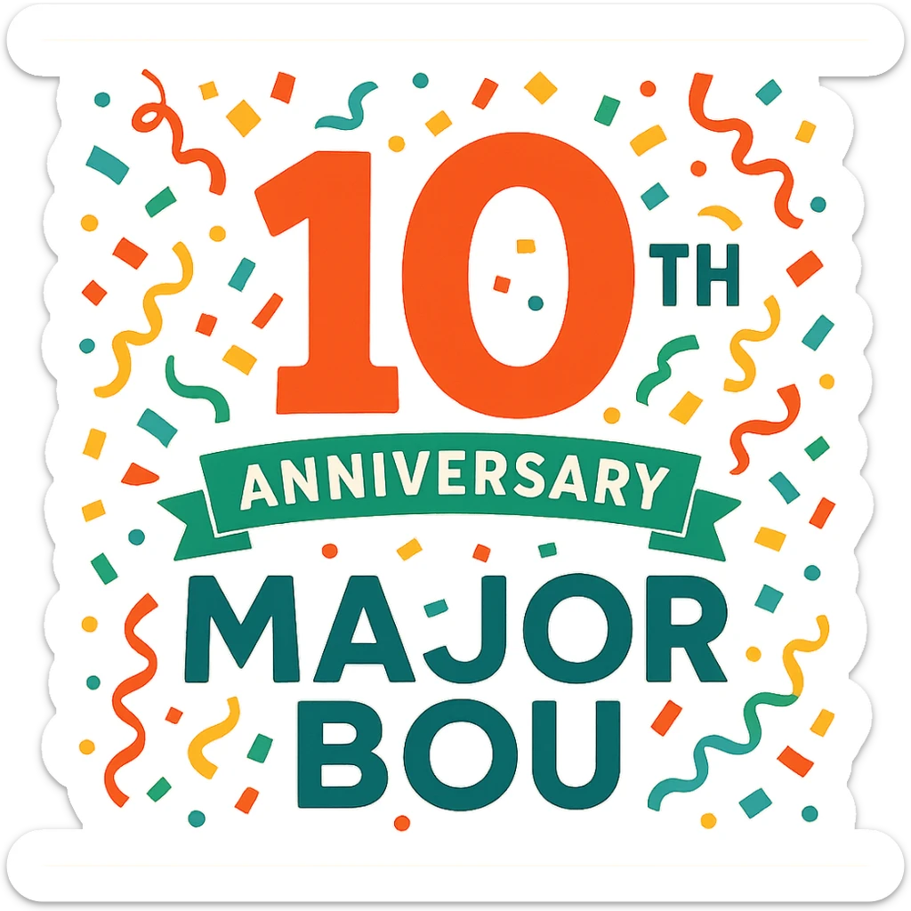 Celebratory 10th anniversary logo for Major Bou with confetti and a festive color palette sticker